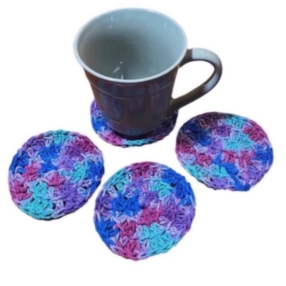 Handmade Cotton Coasters Tie Dye Crochet Colorful 4 Mats Teal Blue Pink Presents - Picture 1 of 17